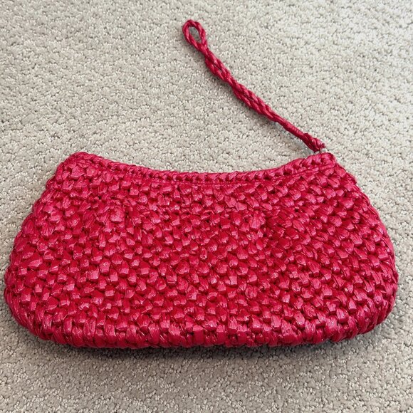 Handmade Red Plastic Raffia Woven Clutch Wristlet Bag Philippines Retro Tourist - Picture 1 of 8